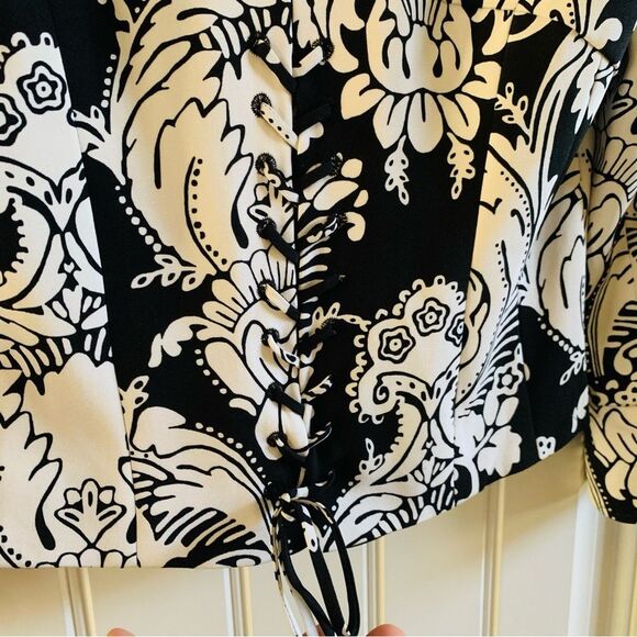 Marciano Black & White Paisley Corset Tie Back Cropped Silk Blazer | Size 4 - Picture 6 of 12